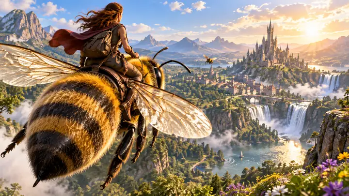 Aventurero montando una abeja enorme por un paisaje fantástico y soleado, miniatura llamativa para un video