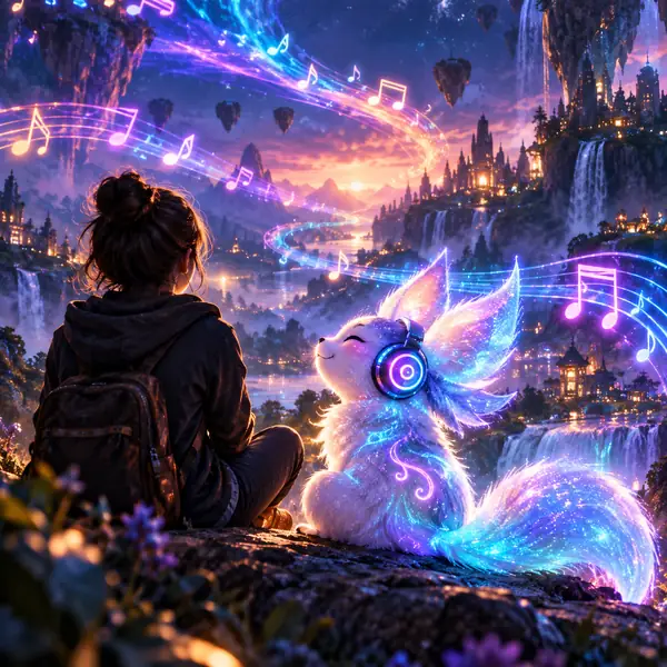 Leuchtendes Fantasiewesen in einer farbenfrohen Klanglandschaft, quadratisches Charakter-Musik-Artwork