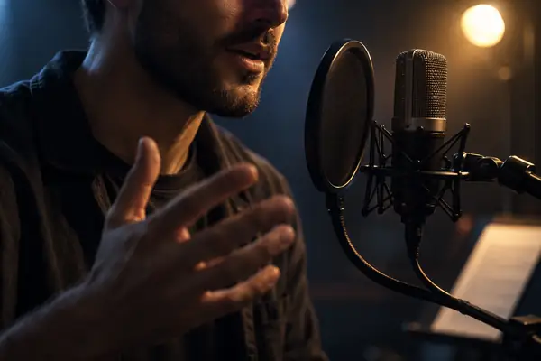 Ausdrucksstarke Film-Erzählstimme in dramatischem Studiolicht, eng zugeschnittenes Stimmporträt