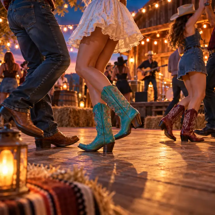 Botas vaqueras coloridas bailando bajo luces festivas, portada de música country