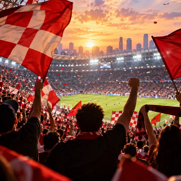 Aficionados al fútbol ondeando banderas vistosas en un estadio animado, portada musical