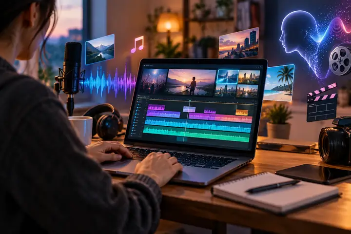 Laptop mit farbenfrohen Videobearbeitungs-Timelines und kreativen Mediensymbolen, Tutorial-Vorschaubild
