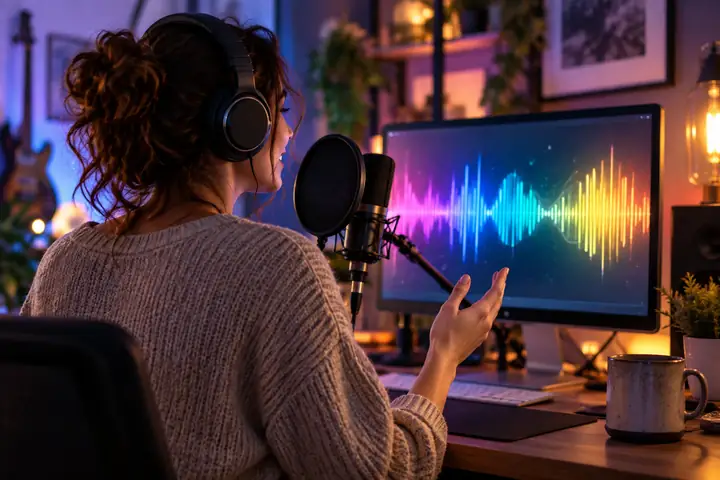 Sprecherin bei der Aufnahme neben einem Computer mit lebendigen Audiowellen, Vorschaubild für einen Stimm- und Audio-Guide