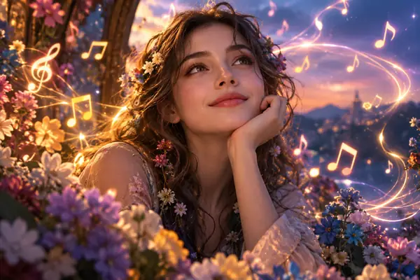 Retrato onírico rodeado de flores coloridas y luces musicales flotantes, encuadre cercano con una estética cinematográfica refinada