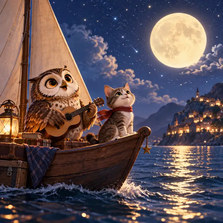Ilustración fantástica de un búho y un gato navegando bajo la luna, portada de música infantil