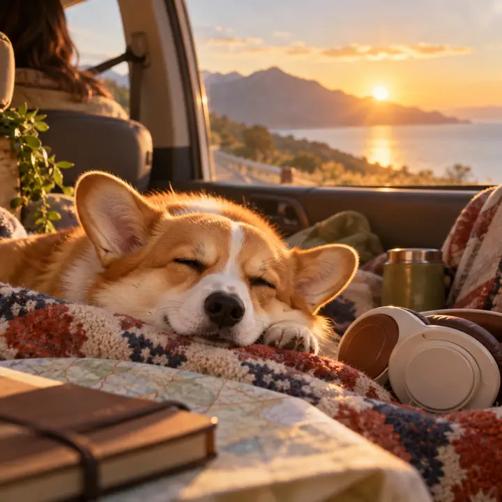 Corgi soñoliento descansando en un coche iluminado por el sol, portada de música lo-fi cálida