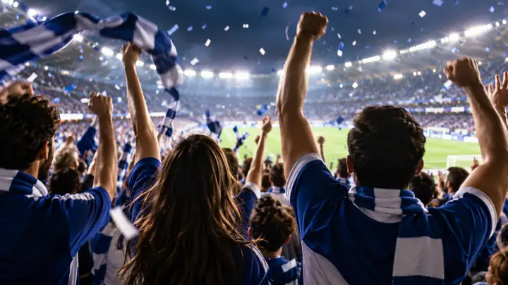 Multitud jubilosa celebrando bajo las luces del estadio, miniatura enérgica para un video de un día de partido