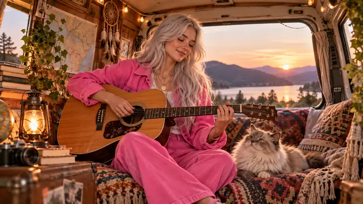 Músico de cabello plateado con un atuendo rosa intenso, sentado junto a un gato peludo en una furgoneta vintage decorada con calidez, encuadre cinematográfico panorámico