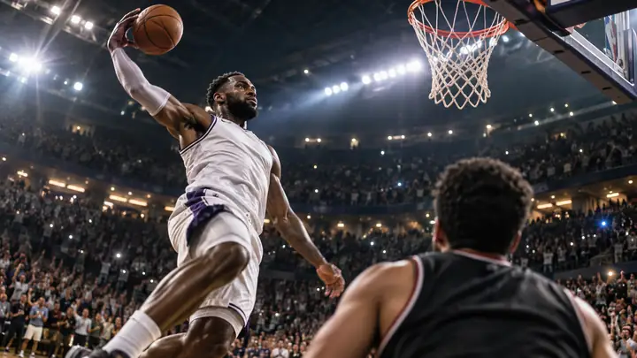 Jugador de baloncesto saltando hacia el aro en un estadio repleto, miniatura dramática para un video deportivo