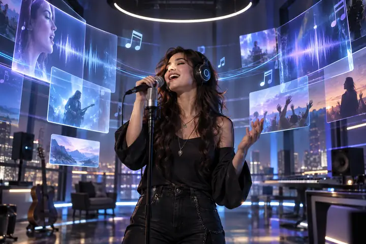 Cantante actuando entre paneles translúcidos flotantes de música y video, escena de estudio futurista