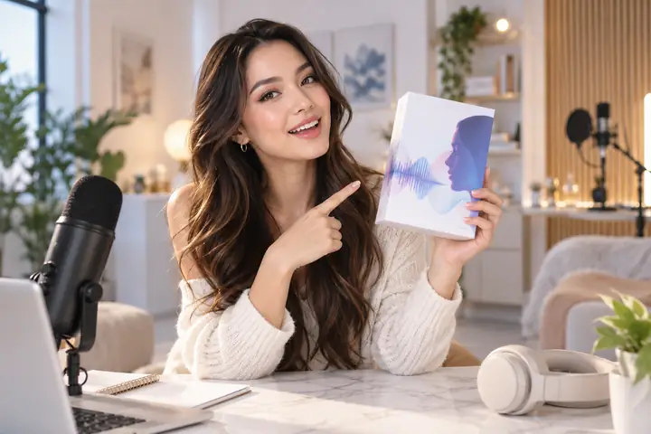 Creadora de contenido de belleza mostrando productos para el cuidado de la piel en un estudio moderno y luminoso, fotograma pulido de video promocional