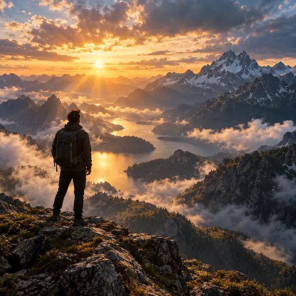 Paisaje montañoso atmosférico bajo una luz dramática, imagen cuadrada para una banda sonora cinematográfica