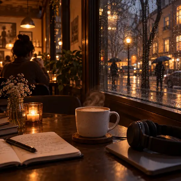 Ventana de una acogedora cafetería en una tarde lluviosa, imagen cuadrada para música lo-fi