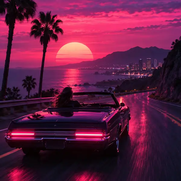 Atardecer rosa neón sobre una carretera nocturna, portada cuadrada de synth-pop