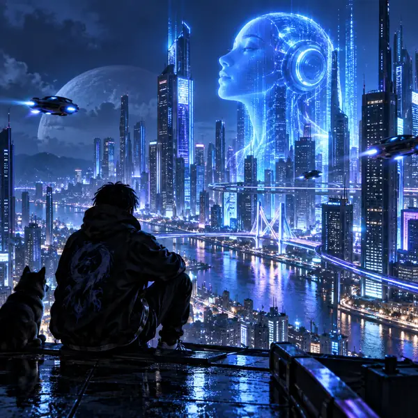 Ciudad futurista azul eléctrico de noche, portada cuadrada de cyber-rap