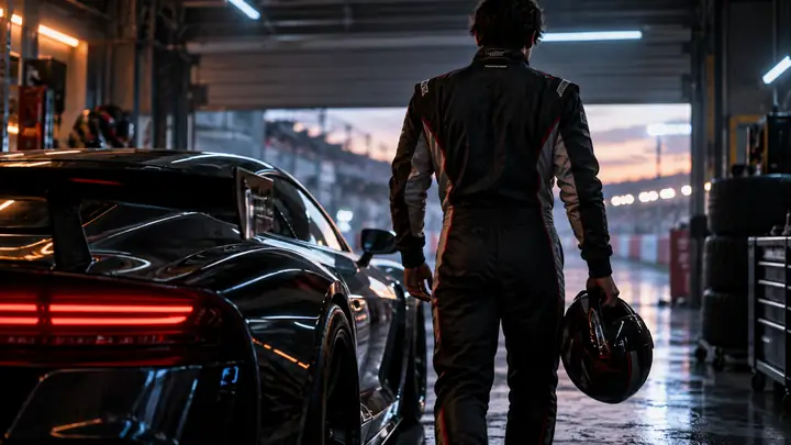 Piloto de carreras junto a un coche elegante en un garaje de ambiente sombrío, miniatura cinematográfica en primera persona