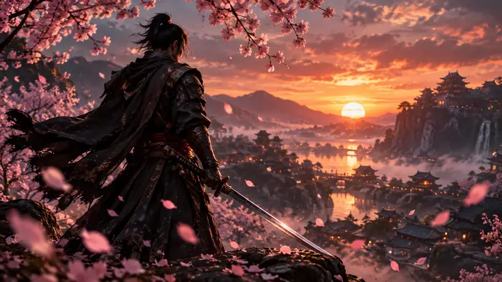 Guerrero con espada entre pétalos de cerezo que caen al anochecer, miniatura cinematográfica de fantasía