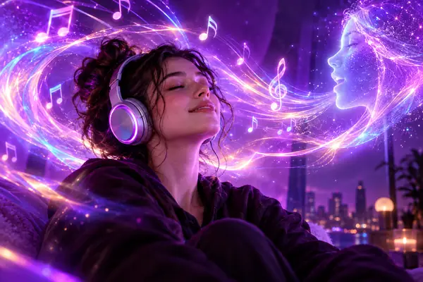 Joven con auriculares rodeado de luces musicales iridiscentes, imagen promocional de música en tonos morados intensos