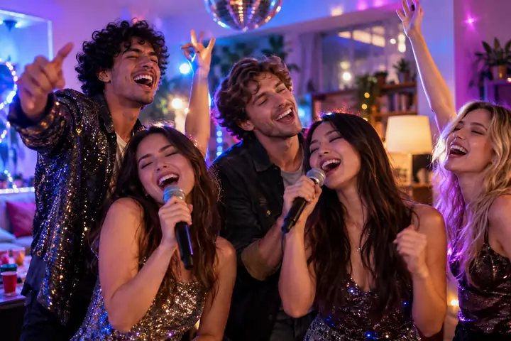 Grupo de amigos cantando juntos en una fiesta colorida, ambiente enérgico de video para redes sociales