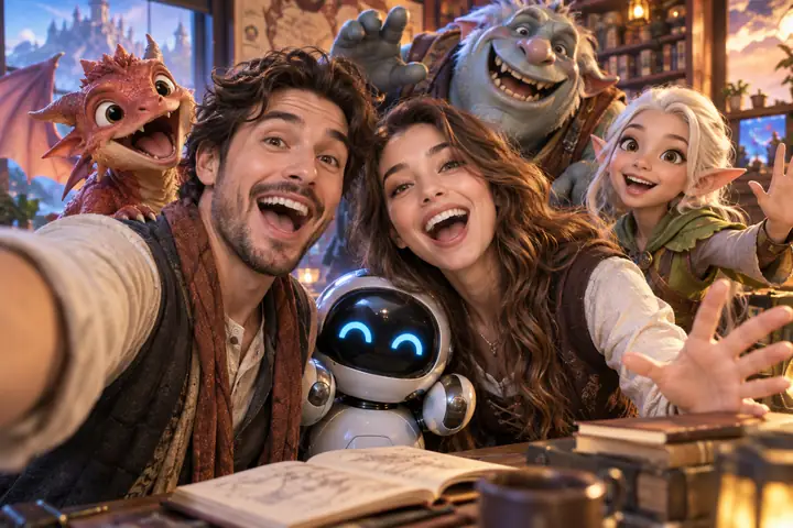 Personajes de fantasía juguetones y dos narradores emocionados acercándose para una selfie, alegre ambiente de aventura animada