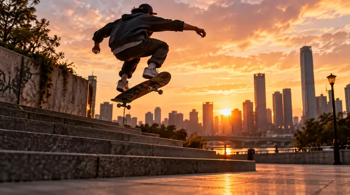 Skater saltando sobre unas escaleras urbanas al atardecer, miniatura dinámica para un video de skate callejero