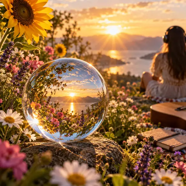 Sommerblumen und leuchtendes Sonnenlicht spiegeln sich in einer Kristallkugel, quadratisches Musikcover