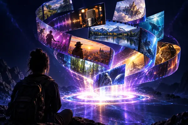 Fotogramas cinematográficos coloridos y plegados que emergen de un portal creativo luminoso sobre un fondo índigo oscuro