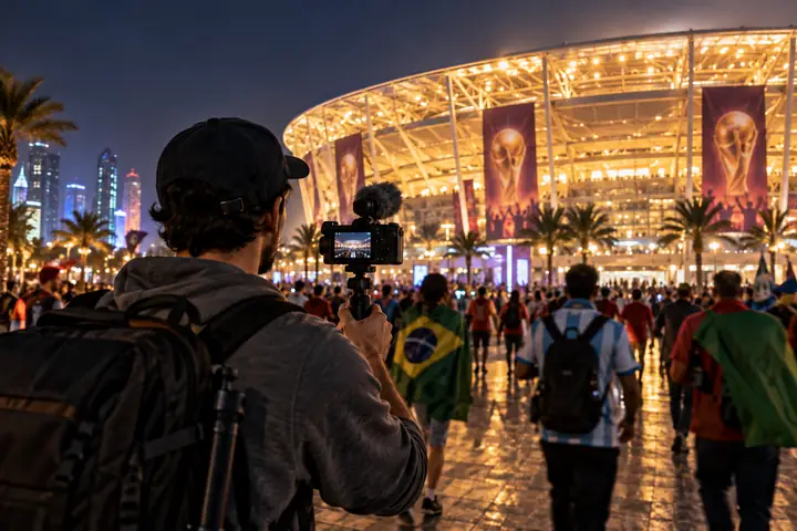 Creador de contenido de viajes grabando junto a un estadio de fútbol iluminado de noche, miniatura para un vlog de la copa del mundo
