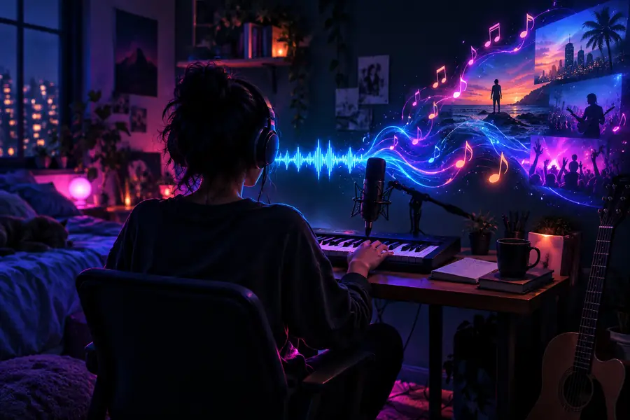 Anschauliche Szene zur Darstellung eines KI-Musikerstellungs-Workflows